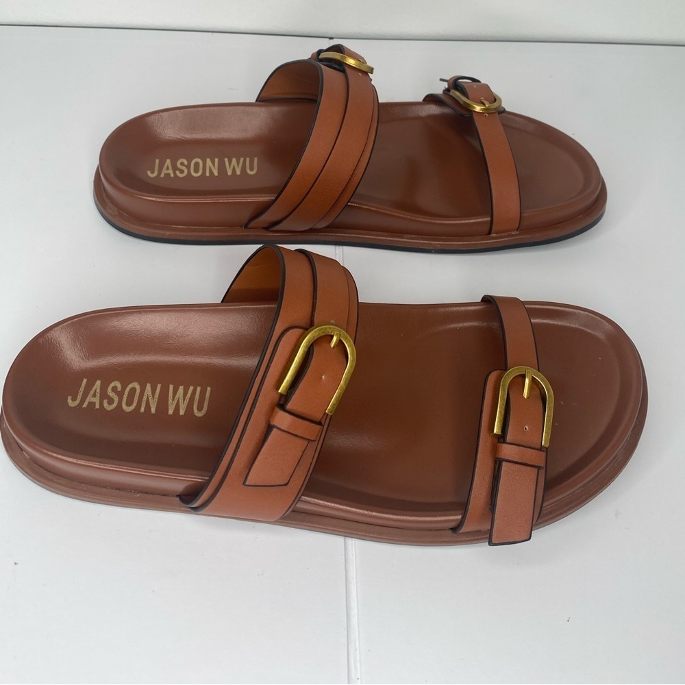 Jason Wu NWT Rhonda Brown Slide Sandals with Gold Accents. - Picture 7 of 7